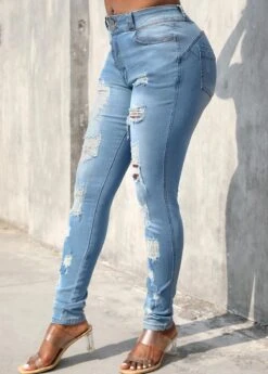 Skinny Hole Light Blue Zipper Fly Jeans -Rosewe Promotion Store 315685 P 16655722787062