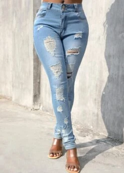 Skinny Hole Light Blue Zipper Fly Jeans -Rosewe Promotion Store 315685 P 16655722789093