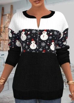 Snowman Print Christmas Patchwork Black Round Neck Sweatshirt