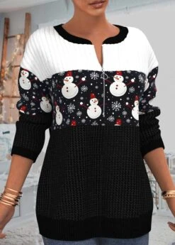 Snowman Print Christmas Patchwork Black Round Neck Sweatshirt -Rosewe Promotion Store 315702 P 1666763094158