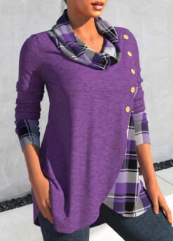 Tartan Print Cross Hem Dusty Purple Sweatshirt -Rosewe Promotion Store 315764 P 1665218124833 1