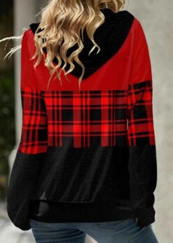 Plaid Patchwork Red Long Sleeve Hoodie -Rosewe Promotion Store 315830 P 1664245251347