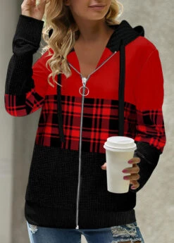 Plaid Patchwork Red Long Sleeve Hoodie -Rosewe Promotion Store 315830 P 1664245251369