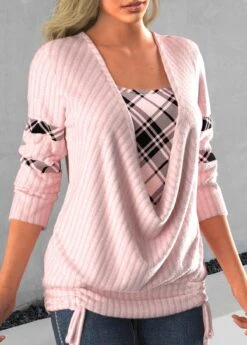 Plus Size Faux Two Piece Tie Side Light Pink Sweatshirt -Rosewe Promotion Store 315878 P 1664256303547