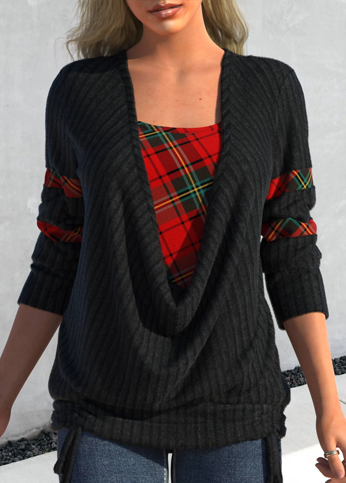 Tie Side Plaid Black Faux Two Piece Sweatshirt 3 Tie Side Plaid Black Faux Two Piece Sweatshirt