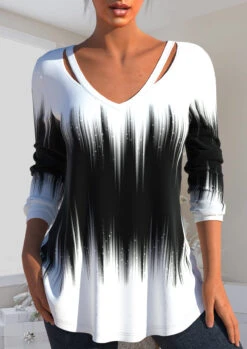 Plus Size Ombre Cut Out Black V Neck T Shirt -Rosewe Promotion Store 315904 P 1665197146919