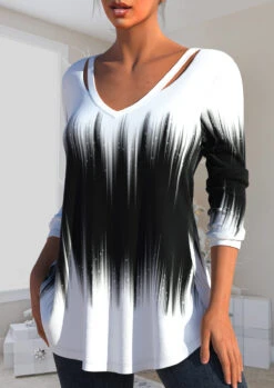 Plus Size Ombre Cut Out Black V Neck T Shirt -Rosewe Promotion Store 315904 P 1665197147618