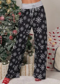 Christmas Print Drawstring Black Drawastring Pants