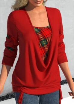 Plus Size Plaid Drawstring Red Square Neck Long Sleeve Sweatshirt -Rosewe Promotion Store 316120 P 1664346256433