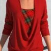 Plus Size Plaid Drawstring Red Square Neck Long Sleeve Sweatshirt -Rosewe Promotion Store 316120 P 1664346256742