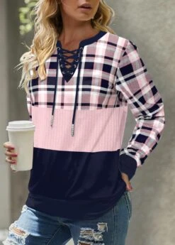 Plaid Lace Up Light Pink Long Sleeve Sweatshirt