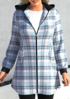 Plus Size Plaid Zipper Light Blue Hooded Long Sleeve Jacket