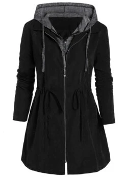 Black Plus Size Drawstring Long Sleeve Hooded Coat