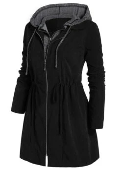 Black Plus Size Drawstring Long Sleeve Hooded Coat -Rosewe Promotion Store 316816 P 1665554432080