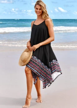 Tribal Print Handkerchief Hem Black Beach Dress