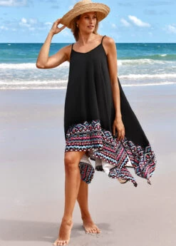 Tribal Print Handkerchief Hem Black Beach Dress -Rosewe Promotion Store 316872 P 16750751894594