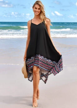 Tribal Print Handkerchief Hem Black Beach Dress -Rosewe Promotion Store 316872 P 16750751897283