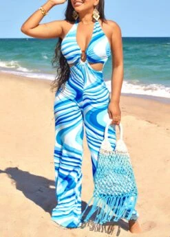 Geometric Print Cut Out Blue Long Jumpsuit