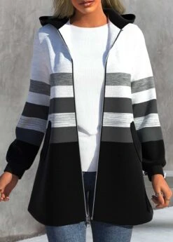 Plus Size Striped Zipper Black Hooded Long Sleeve Jacket