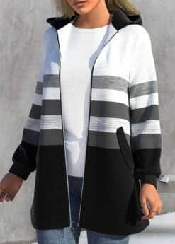 Plus Size Striped Zipper Black Hooded Long Sleeve Jacket -Rosewe Promotion Store 316969 P 1665389216317