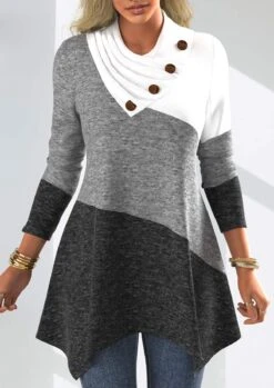Decorative Button Asymmetrical Neck Long Sleeve Patchwork Sweatshirt