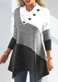 Decorative Button Asymmetrical Neck Long Sleeve Patchwork Sweatshirt -Rosewe Promotion Store 316973 P 1665389358230