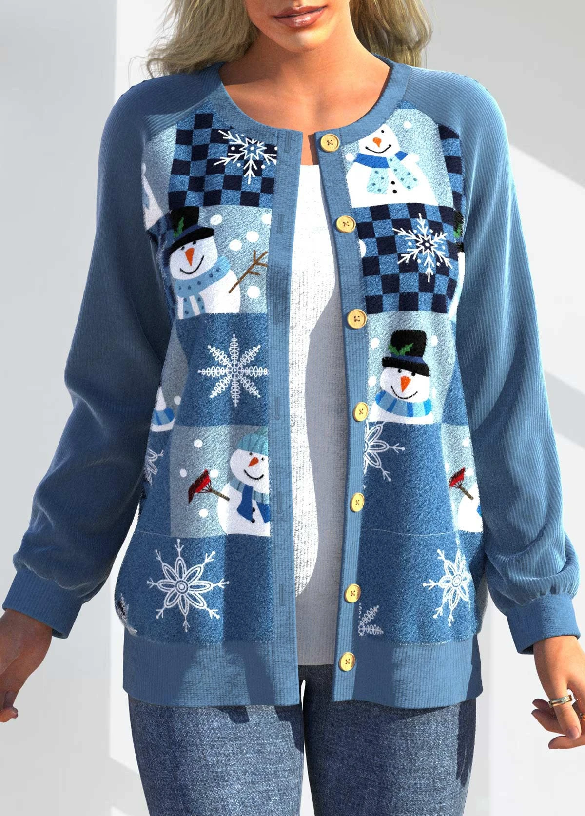 Blue Plus Size Patchwork Christmas Print Cardigan 3 Blue Plus Size Patchwork Christmas Print Cardigan