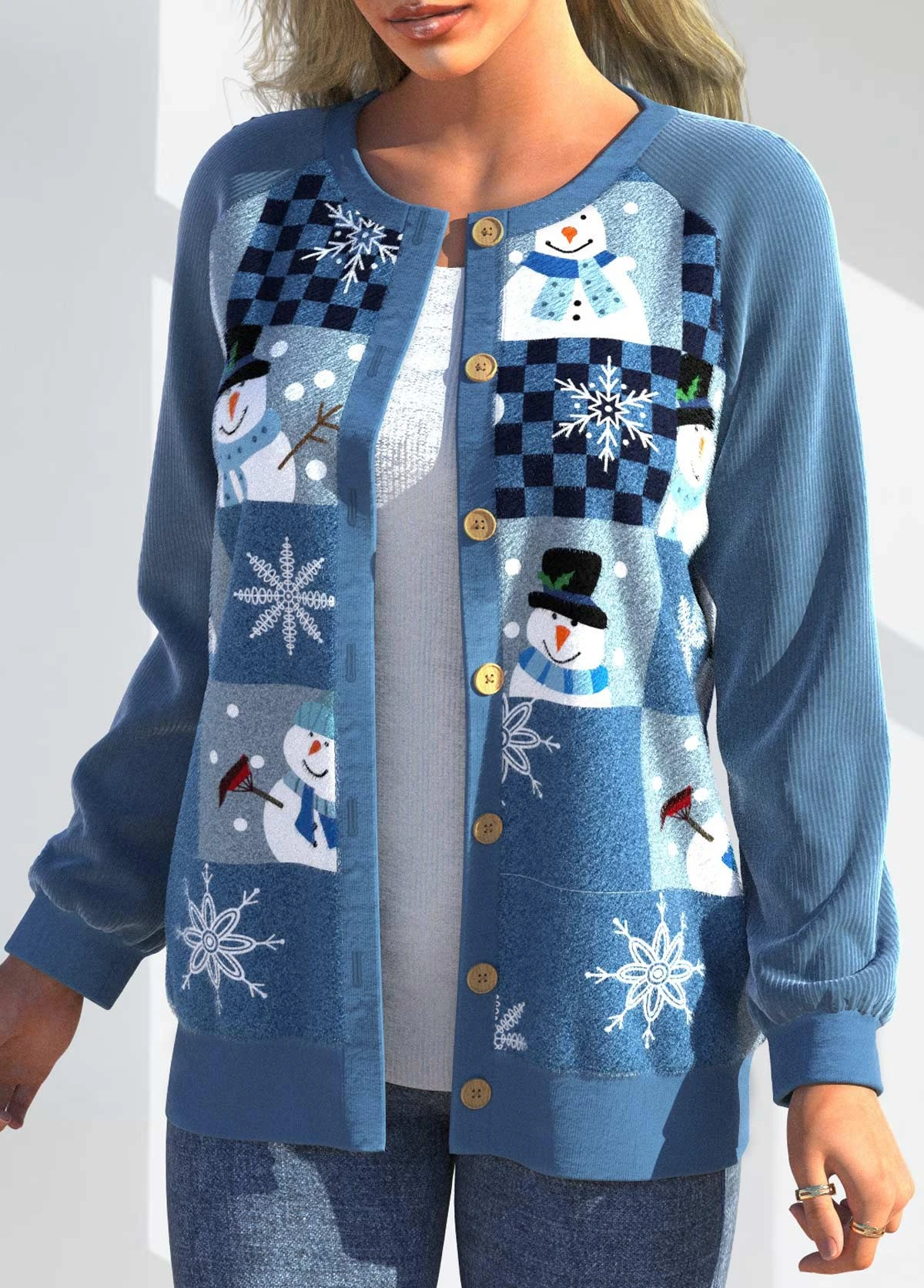 Blue Plus Size Patchwork Christmas Print Cardigan 5 Blue Plus Size Patchwork Christmas Print Cardigan - Image 3
