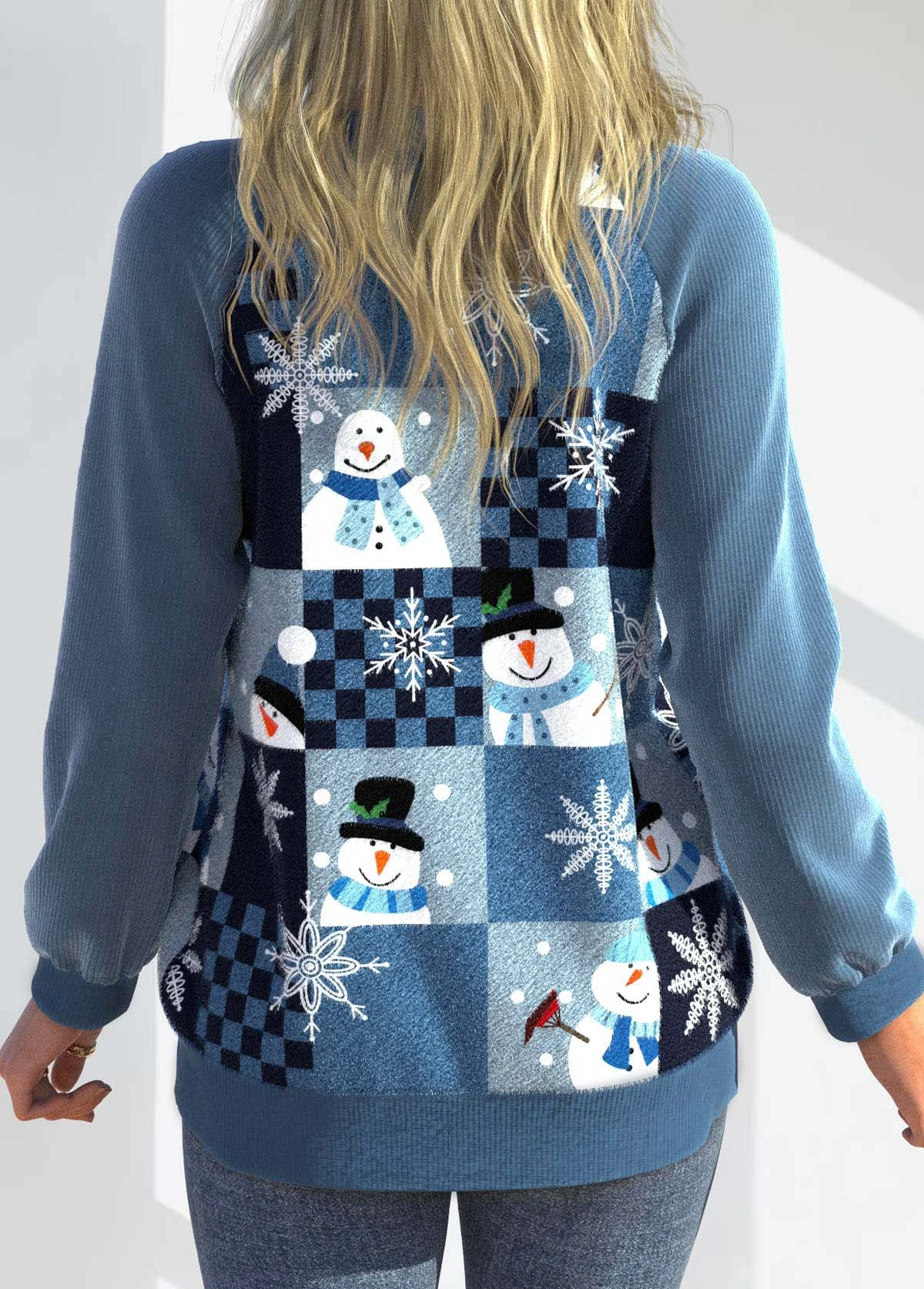 Blue Plus Size Patchwork Christmas Print Cardigan 4 Blue Plus Size Patchwork Christmas Print Cardigan - Image 2