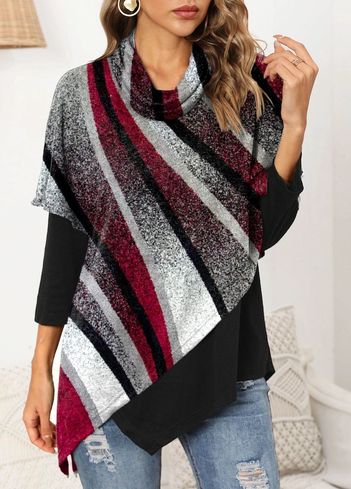 Asymmetric Hem Geometric Print 3/4 Sleeve Sweatshirt 5 Asymmetric Hem Geometric Print 3/4 Sleeve Sweatshirt - Image 3