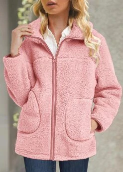 Plus Size Plush Turn Down Collar Long Sleeve Pink Coat