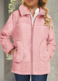 Plus Size Plush Turn Down Collar Long Sleeve Pink Coat -Rosewe Promotion Store 317130 P 1666337928983