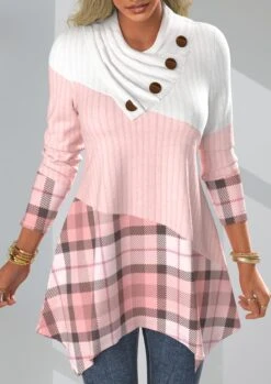Plus Size Plaid Asymmetrical Neck Pink Long Sleeve Sweatshirt