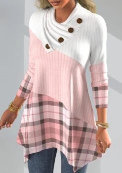 Plus Size Plaid Asymmetrical Neck Pink Long Sleeve Sweatshirt -Rosewe Promotion Store 317137 P 1665540112958