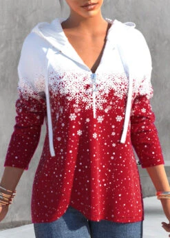 Christmas Snowflake Print Zipper Red Long Sleeve Hoodie -Rosewe Promotion Store 317302 P 1666660145841