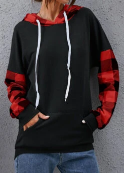 Plaid Pocket Black Long Sleeve Hoodie