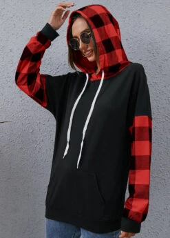 Plaid Pocket Black Long Sleeve Hoodie -Rosewe Promotion Store 317339 P 1665651975209