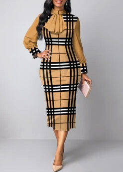 Plus Size Plaid Patchwork Light Camel Stand Collar Bodycon Dress 11 Plus Size Plaid Patchwork Light Camel Stand Collar Bodycon Dress -Rosewe Promotion Store 317405 P 1669108651784