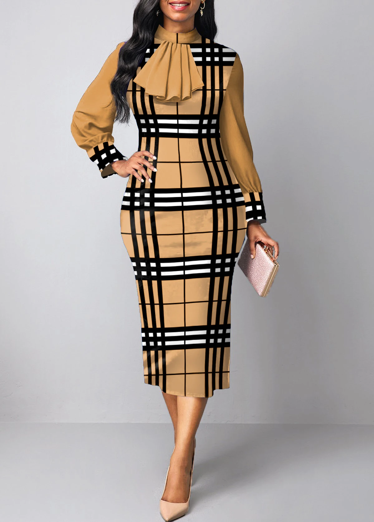 Plus Size Plaid Patchwork Light Camel Stand Collar Bodycon Dress 6 Plus Size Plaid Patchwork Light Camel Stand Collar Bodycon Dress - Image 4