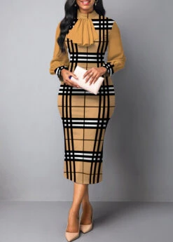Plus Size Plaid Patchwork Light Camel Stand Collar Bodycon Dress 13 Plus Size Plaid Patchwork Light Camel Stand Collar Bodycon Dress -Rosewe Promotion Store 317405 P 1669108651787