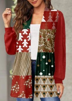 Christmas Geometric Print Long Sleeve Red Cardigan