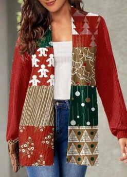 Christmas Geometric Print Long Sleeve Red Cardigan -Rosewe Promotion Store 317407 P 1667273414482
