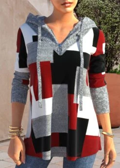 Geometric Print Zipper Red Long Sleeve Hoodie