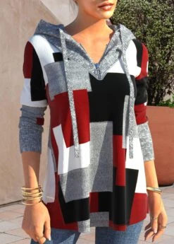 Geometric Print Zipper Red Long Sleeve Hoodie -Rosewe Promotion Store 317409 P 1667178911181