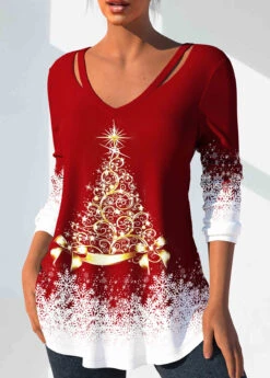 Plus Size Red Christmas Print T Shirt -Rosewe Promotion Store 317414 P 1665724505795