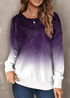 Ombre Round Neck Long Sleeve Purple Sweatshirt -Rosewe Promotion Store 317418 P 1665727701213