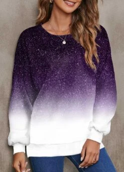 Ombre Round Neck Long Sleeve Purple Sweatshirt