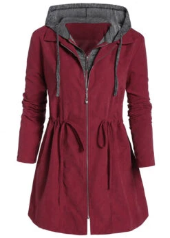 Wine Red Plus Size Drawstring Long Sleeve Coat