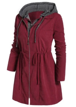 Wine Red Plus Size Drawstring Long Sleeve Coat -Rosewe Promotion Store 317425 P 1665725803338