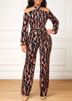 Geometric Print Cut Out Belted Dark Coffee Jumpsuit -Rosewe Promotion Store 317614 P 16696337262883